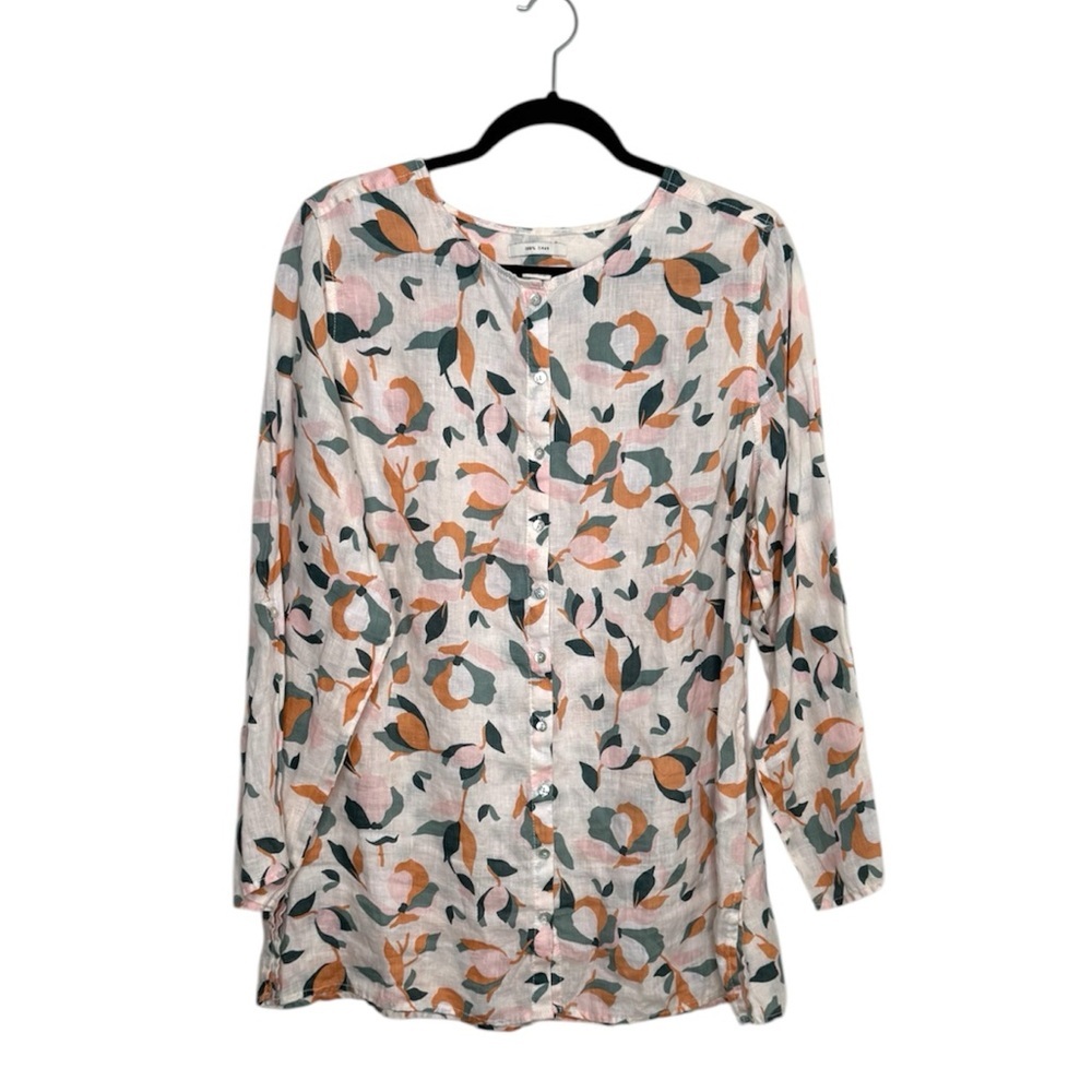 Rachel Zoe womens 1X floral linen button down long sleeve tunic blouse Lagenlook